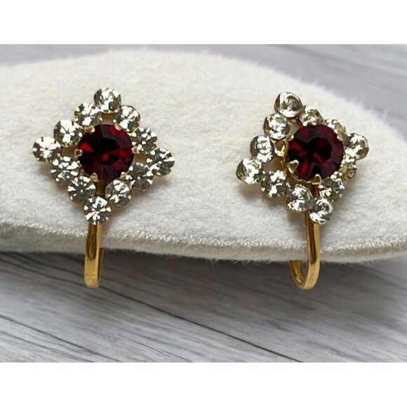 Vintage Gold Electroplate Red Rhinestone Earrings Screw Back Studs - Picture 1 of 6